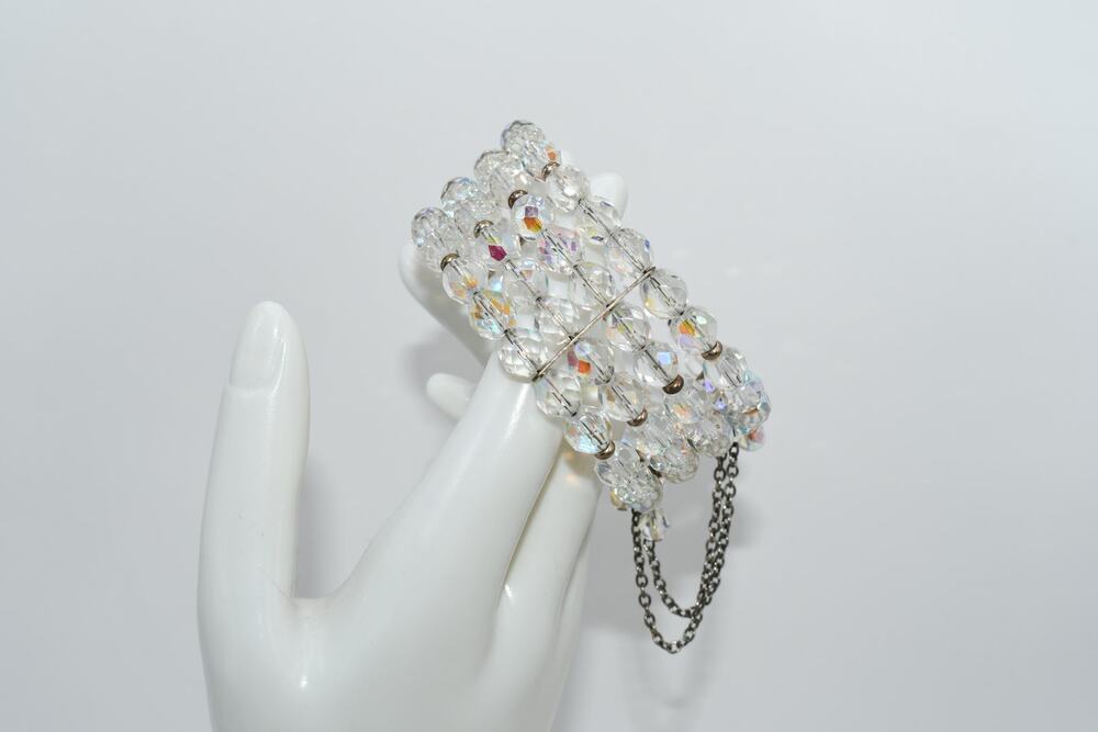 Vintage Czech Crystal Memory Wire Bracelet Clear Fire Polished Beads 4 Row